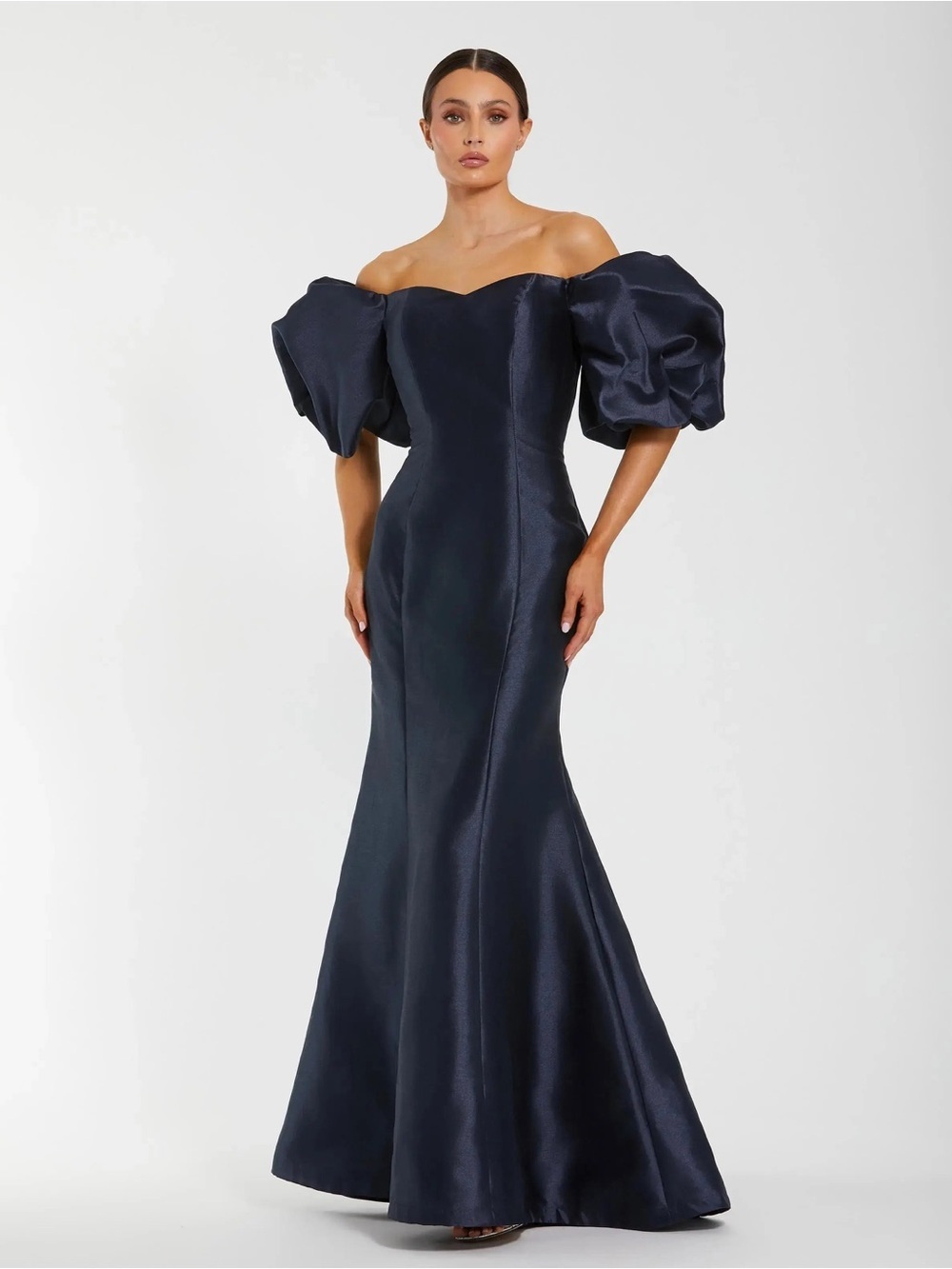Mac Duggal 50677 Navy Sweetheart Off The Shoulder Puff Sleeve Gown Size 12 NWT